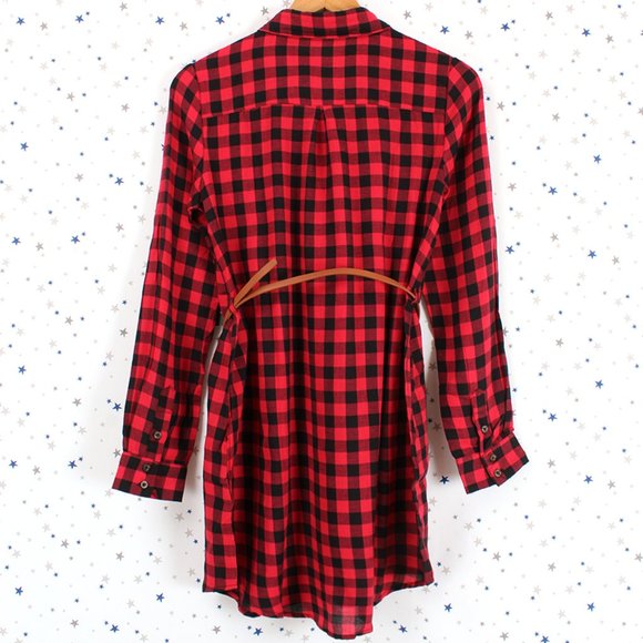Plaid Shirt Dress with Belt Red Black - Picture 8 of 10
